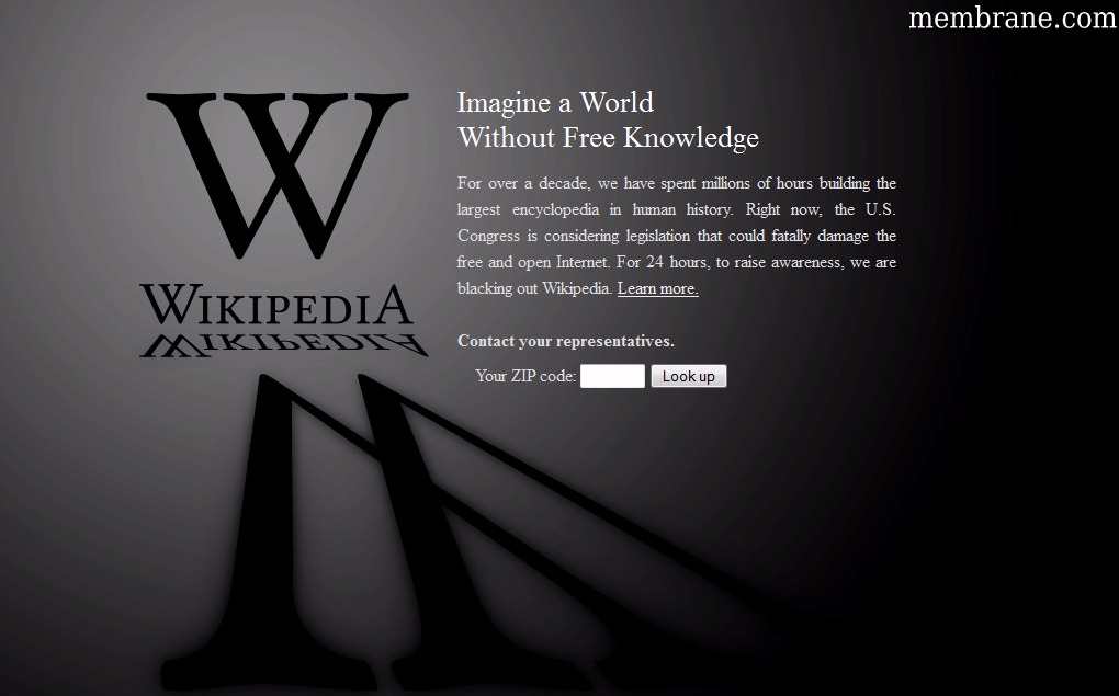 Wikipedia Homepage Blackout Protesting USA Legislation