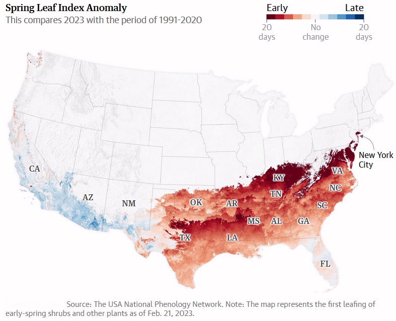 Parts of the Southeast, lower Midwest, and mid-Atlantic are seeing either the earliest spring on record or a spring that only occurs once every 40 years